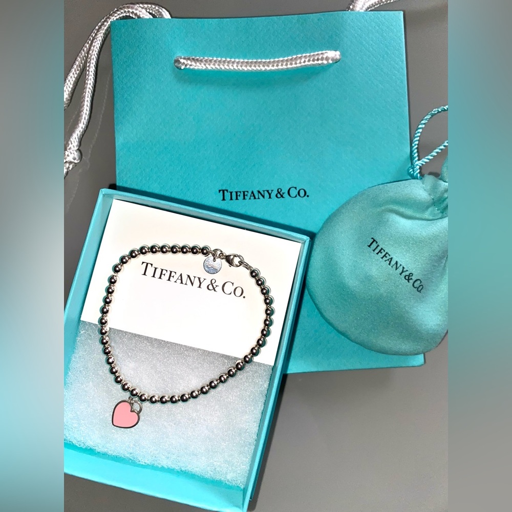 Tiffany Mini Heart Tag Bead Bracelet with Pink Enamel with original packaging